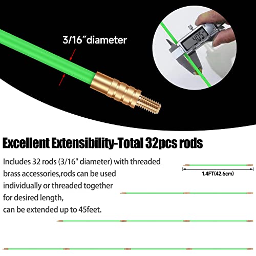 FTIHTRY 45FT Fiberglass Running Electrical Wire Cable Glow Rods Wire Pulling, Fish Rods Electrical Kit with 8 Different Attachments and Fish Tape Wire Puller Kit - style: 45FT