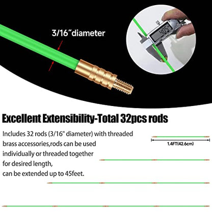 FTIHTRY 45FT Fiberglass Running Electrical Wire Cable Glow Rods Wire Pulling, Fish Rods Electrical Kit with 8 Different Attachments and Fish Tape Wire Puller Kit - style: 45FT