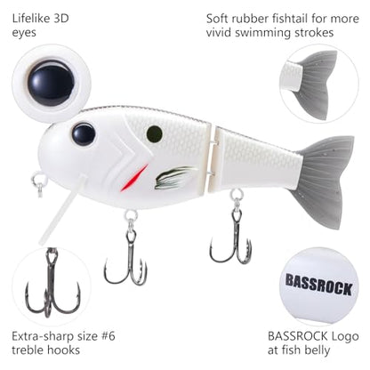 BASSROCK Topwater Fishing Lures for Bass Pike Salmon Floating Swimbait Jointed Crankbait Freshwater Saltwater 4.9in/1.76oz RK1001 - color: White Shad, size: 3.9in/1.04oz
