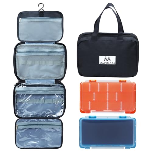 Fishing Handheld Tackle Storage Bag with Flip-Open Design, Dry-Wet Separation, Bonus 2 Storage Cases with Sponge Slots & Removable Dividers for Saltwater & Freshwater - color: Plus-Black with Two Boxes