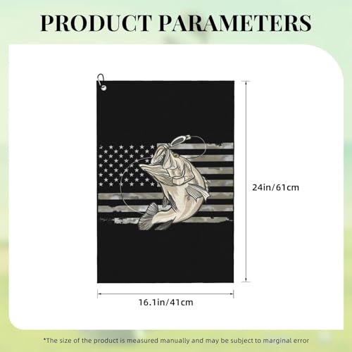 Camo American Flag Bass Fishing Microfiber Golf Towel, 16x24 Waffle Pattern with Carabiner Clip, Tri-Fold Large Golf Ball Towels, Golf Bag Accessories for Men Women, Golf Gift
