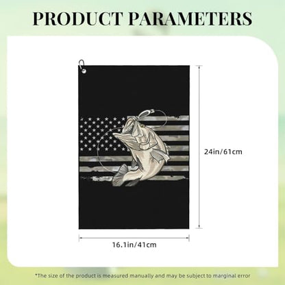 Camo American Flag Bass Fishing Microfiber Golf Towel, 16x24 Waffle Pattern with Carabiner Clip, Tri-Fold Large Golf Ball Towels, Golf Bag Accessories for Men Women, Golf Gift
