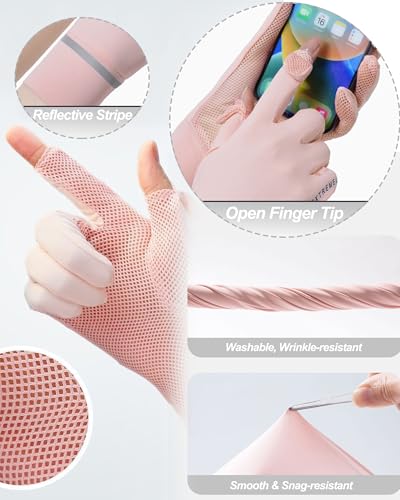 Women Sun Gloves UPF 50+ UV-Protection, Summer 2-Fingers-Flip Thin Ice-Silk Breathable Mesh Cooling Running Gloves - color: Pink