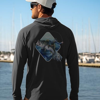 Palmyth Fishing Hoodie for Men Long Sleeve Sun Protection UV UPF 50+ Shirts - color: Black/Cowboy Rides Bass, size: Large
