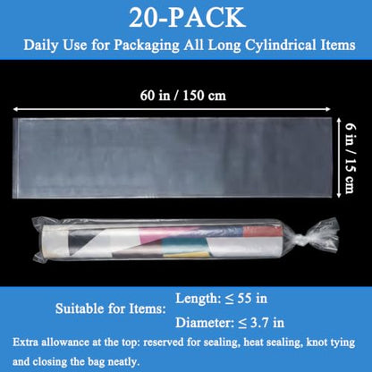 20PCS 6" x 60" Extra Long Clear Plastic Sleeves for Posters and Banners | Heavy Duty, 2 Mil Thick, Flat Open, Long Tube Storage Bags for Packaging Blueprint, Fishing Rods & Large Narrow Items - color: 6" x 60"-20PCS