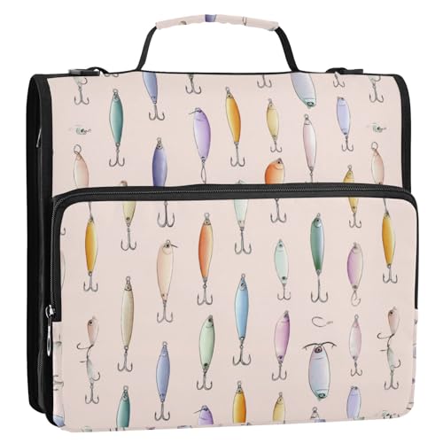 Cartoon Fishing Lures 3 Ring Zipper Binder with Strap 1.5 inch 500 Sheet Capacity File Folder Storage Organizer