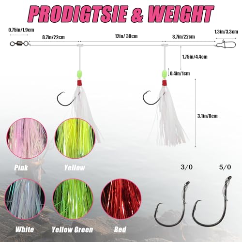 Eupheng Fluke Flounder Hi-Lo Rig, 3/0 5/0 5PCS Saltwater Fishing Bait Rigs with Mylar Teaser for Surf Ocean Fishing Sea Bass Halibut Rockfish Cod - size: Circle Hook-#5/0-5PCS