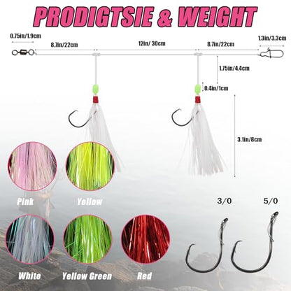 Eupheng Fluke Flounder Hi-Lo Rig, 3/0 5/0 5PCS Saltwater Fishing Bait Rigs with Mylar Teaser for Surf Ocean Fishing Sea Bass Halibut Rockfish Cod - size: Circle Hook-#5/0-5PCS