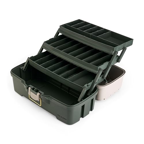 Plano Three-Tray Tackle Box Bass Kit, Tan/Green, Rust-Proof Brass Latch, Top-Access Tray Compartments with Deep Storage, Made in the USA, Portable Fishing Gear Storage Organizer - style: Bass