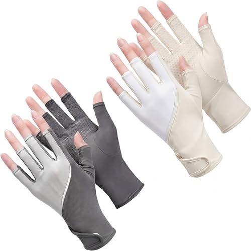 Loopeer 2 Pair Women Sunblock Fingerless Gloves UV Sun Protection UPF 50+ Non Slip Touchscreen Gloves for Summer Driving Manicures - color: Gray, White