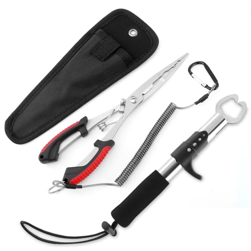Stainless Steel Fishing Pliers and Fish Gripper Set with Sheath & Lanyard - Multifunctional Fishing Tool Kit for Saltwater Freshwater, Hook Remover, Line Cutter, Crimping - color: Red