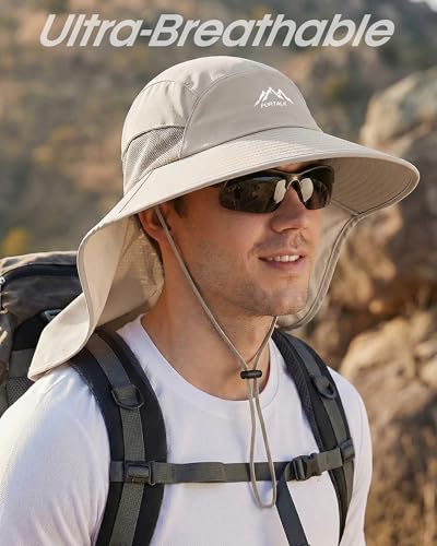FURTALK Sun Hats for Men Women Fishing Hat with Neck Flap Chin Strap UPF 80+ Wide Brim Hiking Safari Summer Hats - color: Light Grey