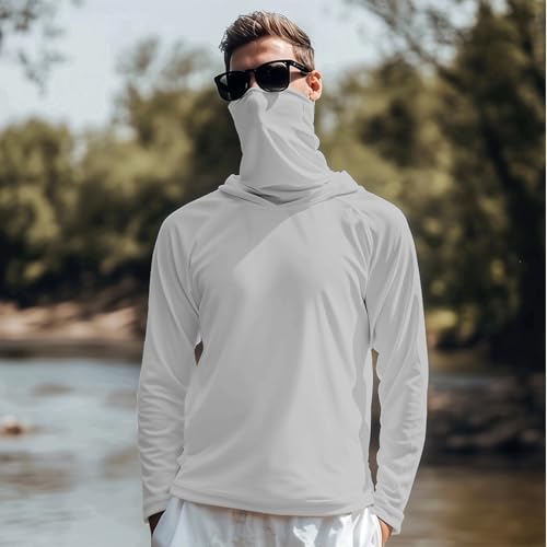 Men's UPF 50+ Sun Protection Hooded Shirt with Integrated Face Cover Long Sleeve Lightweight Rash Guard Shirts - color: C201- Gray, size: Large