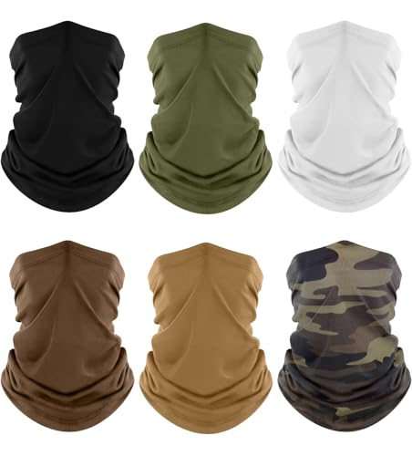 Fuinloth Neck Gaiter, 6 Pack Cooling UV Protection Bandana Face Mask Gator | Breathable Sweat Wicking, UPF 50, Sun Wind Dust Shield, Quick Dry & Washable, 95% Polyester 5% Spandex - color: Black+green+camo+sand+brown+white
