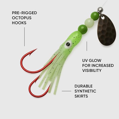 Squid Fishing Hoochies 10 Pack -Glow Fresh Water Kokanee Salmon Trolling Lures with Pre-Rigged Octopus Hooks - Spinner Blades, Synthetic Skirts Kokanee Hoochies for Salmon Fishing - style: Squid Fishing Hoochies 10-pack