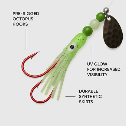 Squid Fishing Hoochies 10 Pack -Glow Fresh Water Kokanee Salmon Trolling Lures with Pre-Rigged Octopus Hooks - Spinner Blades, Synthetic Skirts Kokanee Hoochies for Salmon Fishing - style: Squid Fishing Hoochies 10-pack