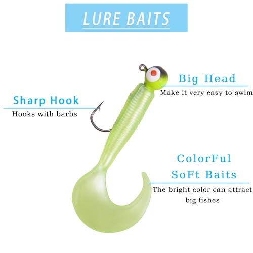 Soft Plastic Fishing Lure Jig Head Hook Kit,Grub Worm Lures Crappie Jigs Head Grub Tail Swimbait Tube Bait Jigs for Saltwater Freshwater, Trout Crappie Fishing - color: 17PCS Sets (2 Packs)