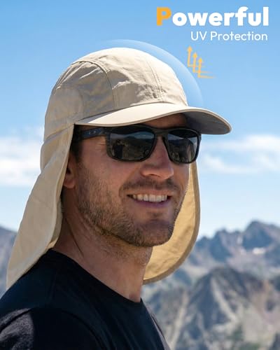 Mens Sun Hat with Breathable Mesh Sun Hats for Men Sun Protection Fishing Hat with Neck Flap for Hiking Cycling - color: Brown Khaki