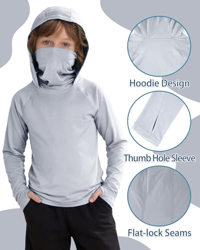 Boys Hooded Fishing Shirt with Mask, Kids UPF 50+ Long Sleeve Rash Guard Hoodie, Sun Protection Beach Swim Shirts - color: Gray, size: Medium