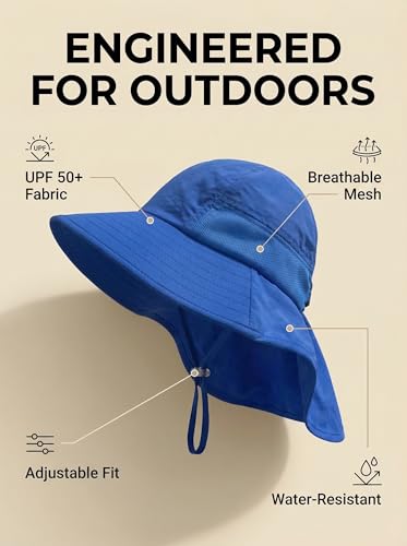 icolor Kids Sun Hat UPF50+ Sun Protection Bucket Hat Toddler Summer Beach Play Hats with Neck Flap for Girl Boy Ages 3~10 - color: Solidblue