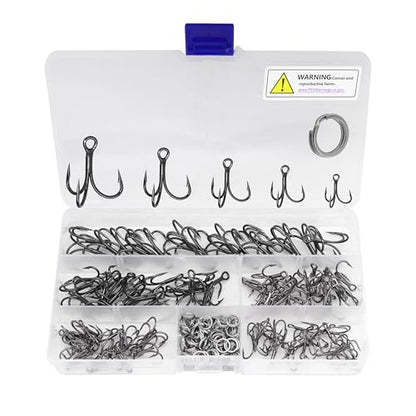 Fishing Treble Hooks Kit, Large Size High Carbon Steel Hooks 3X Strong Sharp Round Bend Hooks with Split Rings for Saltwater Freshwater Fishing 200pcs/Box Mixed 5 Size 2 4 6 8 10 - color: Black