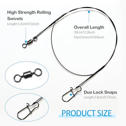 Fishing Leaders Steel Line Saltwater Fishing Leaders with Swivels and Snaps,11.8inch 35LB, 19inch 110LB - size: 12inch