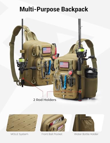Piscifun Fishing Backpack Tackle Bag with 2 Rod Holders, Multi-Compartment Storage, MOLLE System, Water-Resistant Lightweight Outdoor Pack - color: Single Shoulder - Black, style: Standard
