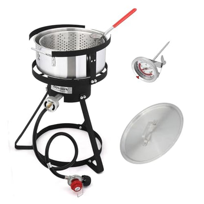 ROVSUN 10Qt Aluminum Fish Fryer Pot with Strainer Basket, Outdoor Fryer with 55,000 BTU Propane Gas Burner, Thermometer & Lid for Fish, Chicken Wings, Seafood Frying & Backyard Cooking - size: 10QT