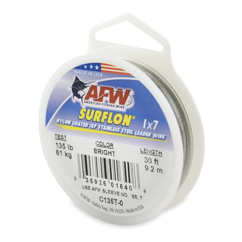 American Fishing Wire Surflon Nylon Coated 1x7 Stainless Steel Wire Leader - Wire Fishing Leader Line for Saltwater 10lb Up To 250lb Test in Bright, Black, Camo in 30ft, 100ft, 300ft, & 1000ft Lengths - color: Bright, style: 30 Feet, 135 Pound Test