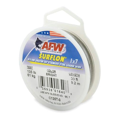 American Fishing Wire Surflon Nylon Coated 1x7 Stainless Steel Wire Leader - Wire Fishing Leader Line for Saltwater 10lb Up To 250lb Test in Bright, Black, Camo in 30ft, 100ft, 300ft, & 1000ft Lengths - color: Bright, style: 30 Feet, 135 Pound Test