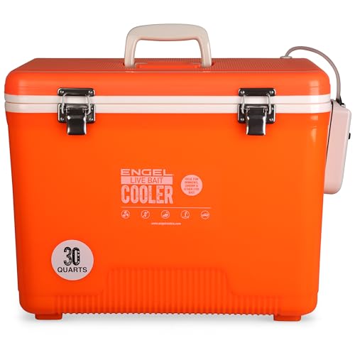 Engel Live Bait Cooler Box with 2nd Gen 2-Speed Aerator Pump - Portable Fishing Station & Minnow Bucket for Shrimp & Other Live Fish with Aerator - ENGLBC-N - color: Orange Hi-Vis, size: 30 Quart