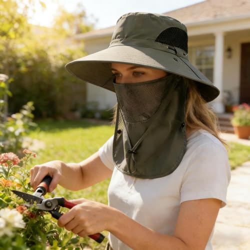 Sun Hat for Men and Women, UPF 50+ UV Protection, Wide Brim Breathable, Fish Hat with Neck Flap and Breathable Face Mask - color: Military Green