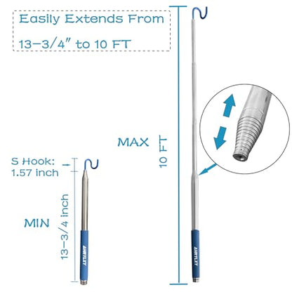 Telescoping Pickup Tool Magnetic Pole with 3 Hooks, 10 FT Telescopic Push Pull Rod Wire Reacher Grabber Disc Golf Retriever, Disc Golf Accessories