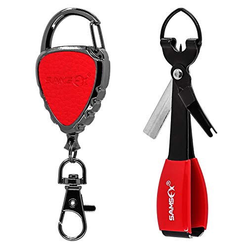 SAMSFX Quick Knot Tying Tool with Carabiner Zinger Retractor Fly Fishing Magnet Retractable Badge Holder and Multi-Tool Combo - color: Metal Zinger With Magnet & Black Knot Tool, Red Grip