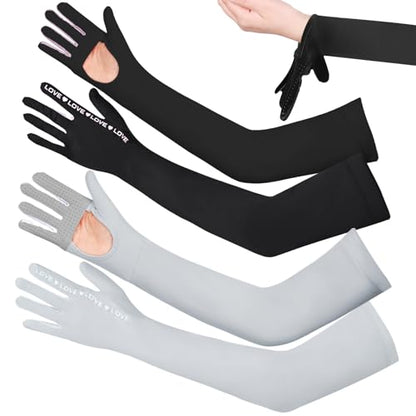 2 Pairs UV Protection Gloves Full Arm Sunblock Gloves with Ventilation Holes, Summer Sun Protection Gloves for Driving - color: Black Gray