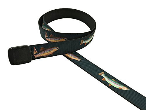 Thomas Bates Fish Pattern Metal Free Hiker Web Belts - color: Navy Rainbow Trout