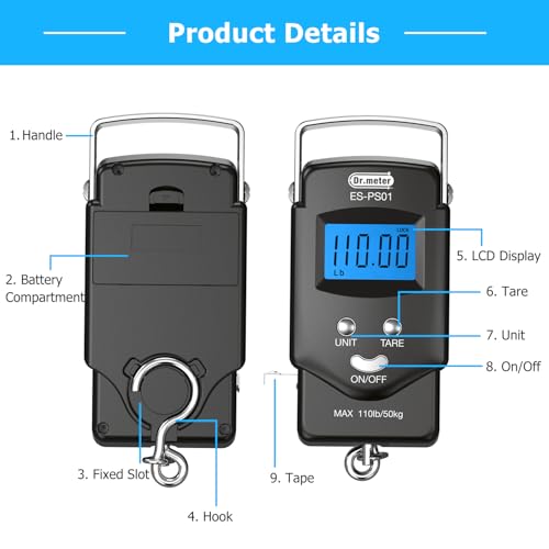 Dr.meter Fish Scale Luggage Scale Fishing Gear - 110lb Backlit LCD Display Digital Scale with Built-in Measuring Tape - Fishing Scale with 2 AAA Batteries, Pocket Size - Fishing Gifts for Men - color: Black