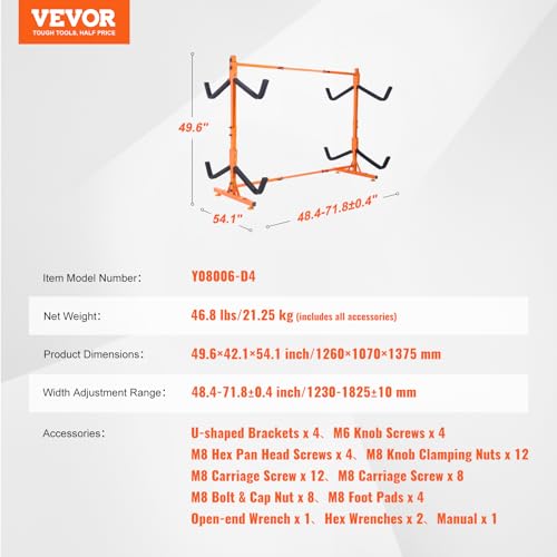 VEVOR Kayak Storage Rack, Heavy Duty Adjustable Freestanding Stand with Lockable Wheels for Indoor Outdoor Garage Shed Dock, Holder for Canoe, SUP, Surfboard & Paddleboard - style: Freestanding-4 Kayaks-orange