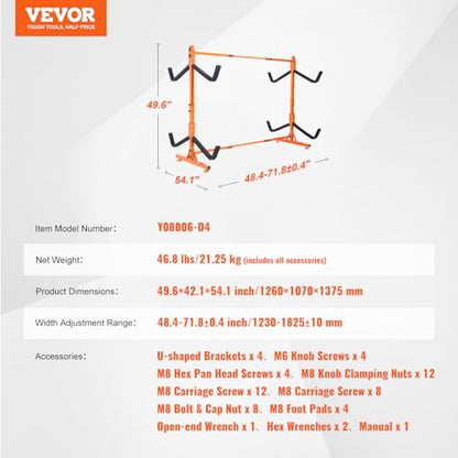 VEVOR Kayak Storage Rack, Heavy Duty Adjustable Freestanding Stand with Lockable Wheels for Indoor Outdoor Garage Shed Dock, Holder for Canoe, SUP, Surfboard & Paddleboard - style: Freestanding-4 Kayaks-orange