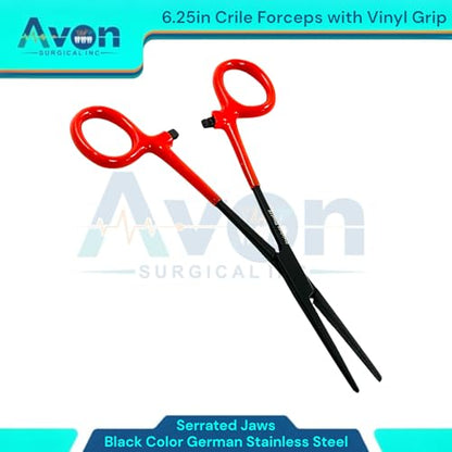 1 Piece Multi-Purpose Hemostat Pliers Forceps, 6.25in, with Vinyl Red Grip, Serrated Jaws - Black - Stainless Steel - for Fishing, Electronics, Crafts, and More.
