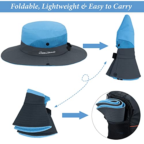 Sun Hat for Women Summer UV Protection Beach Hat Wide Brim Mesh Bucket Fishing Hat with Ponytail Hole Foldable Packable Hat - color: Blue(with Ponytail Hole)