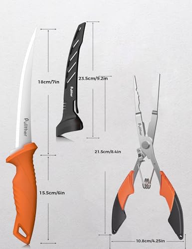 2PC Fishing Tool Kit - 7" Fillet Knife,Fishing Pliers,Multitool Hook Remover Fishing Pliers,Fishing Gear for Saltwater - color: 8.4"Fishing Pliers Orange