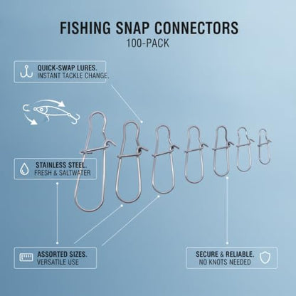 Gourd-Shape Stainless Steel Lure Snaps, Silver Finish Quick-Change Connectors for Saltwater and Freshwater Fishing Tackle (100-Pack Assorted Sizes) - size: 2.36 x 1.97 x 0.59"