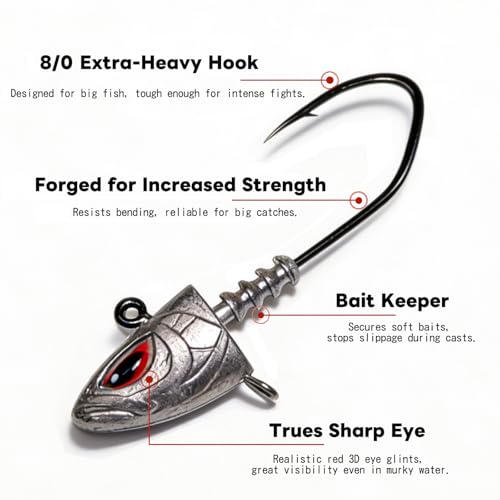 Saltwater Jig Heads 10 Pack, 3D Red Eyes with Bait Keeper & Belly Trailer Hole, 3/4oz to 1-3/4oz, 6/0 & 8/0 Hooks for Inshore Offshore Saltwater Fishing - size: 1-1/2oz - 10Pcs
