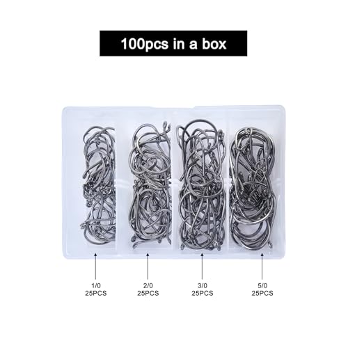 MASTERPRO Saltwater Redfish & Snapper Pack Circle Hooks with Holes, High-Carbon Steel Barbed 1/0 2/0 3/0 5/0 100pcs Portable Boxed Powerful Fishing Hooks