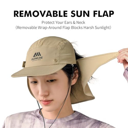 AONIJIE Sun Hat with Removable Neck Flap for Men & Women - Breathable Mesh Fishing Hat, Lightweight Hiking Sun Cap - color: Khaki