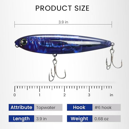 Pristis 3 pcs Topwater Fishing Plopper Lures, Floating Popper Bait Set with Chemically Sharpened Hooks for Saltwater Freshwater, Top Water Plopping Swimbait Teaser for Bass Tuna Perch Pike Crappie - color: Iridescent Luster Pencil Poppers