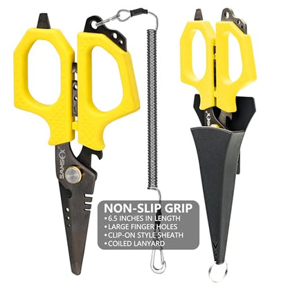 SAMSFX Fishing Braid Line Scissors Shears with Titanium Coating and Dual-Serrated Blade, Kraton Handle, Arrives with Hard Sheath and Coiled Lanyard (Yellow Kraton Handle) - color: Yellow Kraton Handle