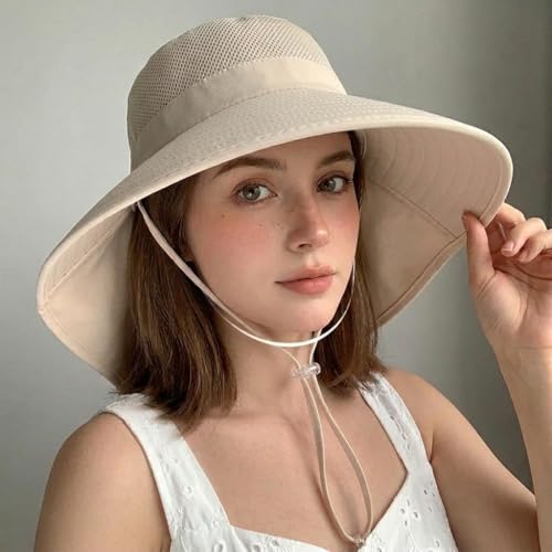 Wide Brim Sun Hat with Neck Flap Foldable Beach Protection Summer Garden Hat with Adjustable Wind Cord for Hiking Fishing Beige