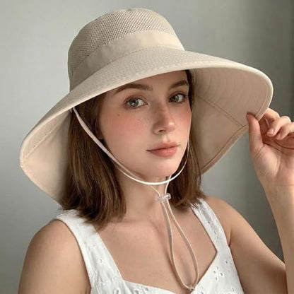 Wide Brim Sun Hat with Neck Flap Foldable Beach Protection Summer Garden Hat with Adjustable Wind Cord for Hiking Fishing Beige